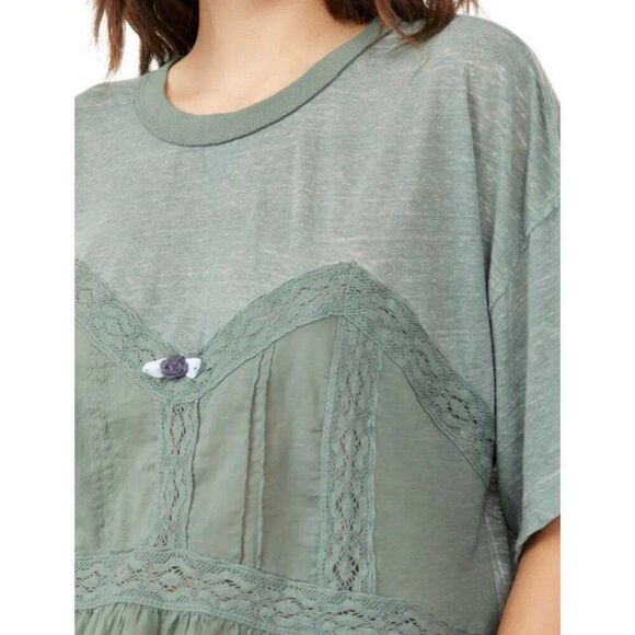 Free People Green Fall in Love Tee NWT XS Women Cottage Coquette Boho Peasant - Picture 5 of 6
